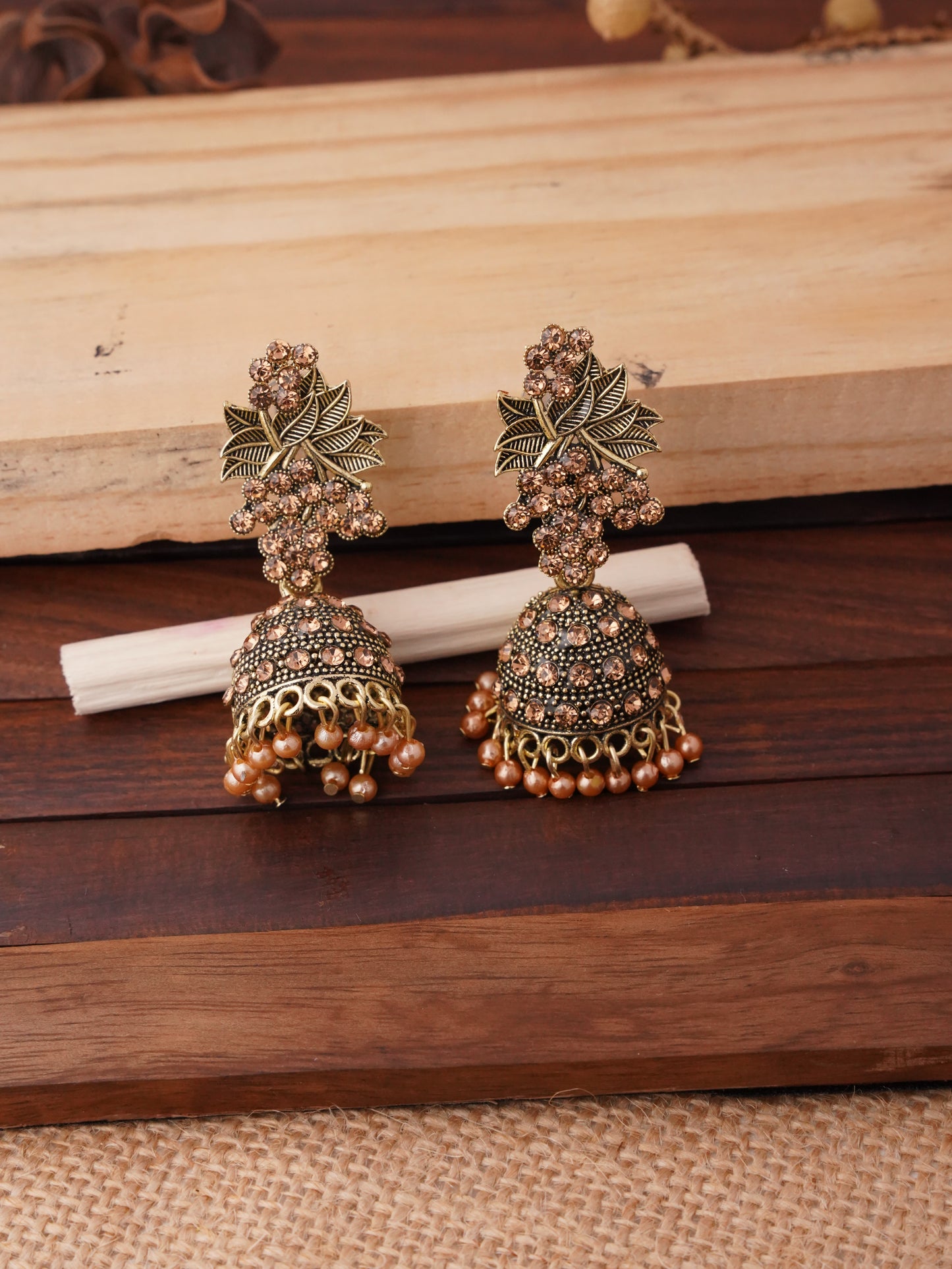 Antique Jhumka Earrings with Floral Motif and Colorful Beads