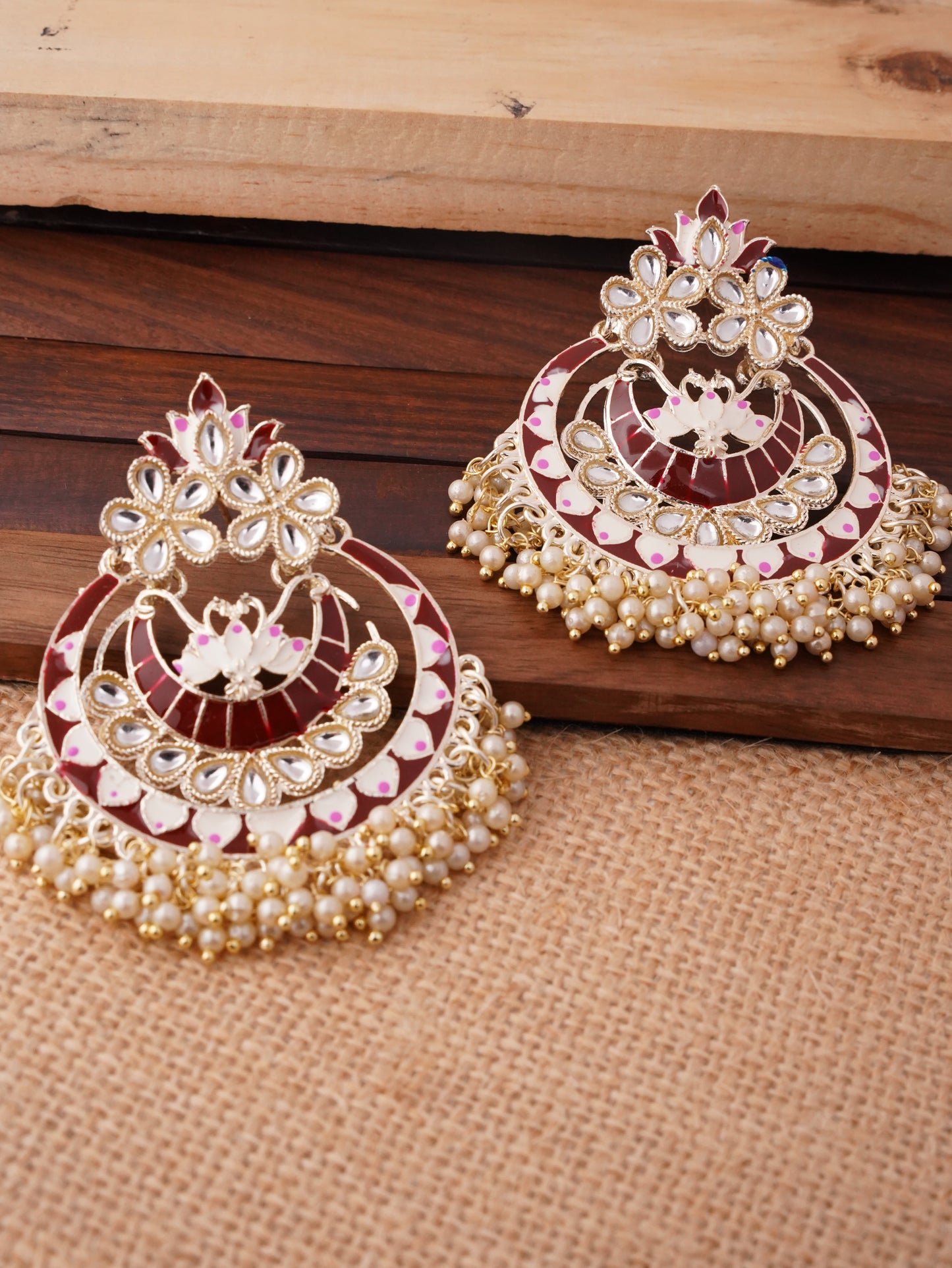 Traditional Kundan Chandbali Earrings with Beaded Fringe
