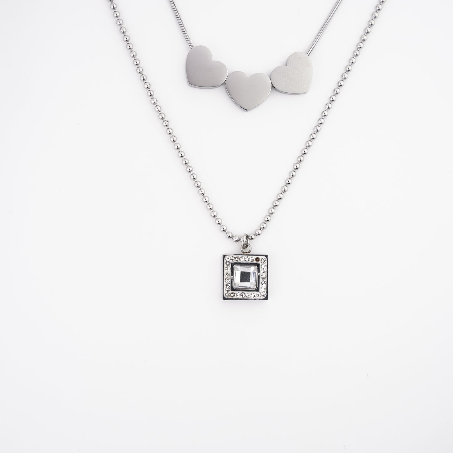 Double Chain Hearts Necklace with Square Pendant in Stainless Steel