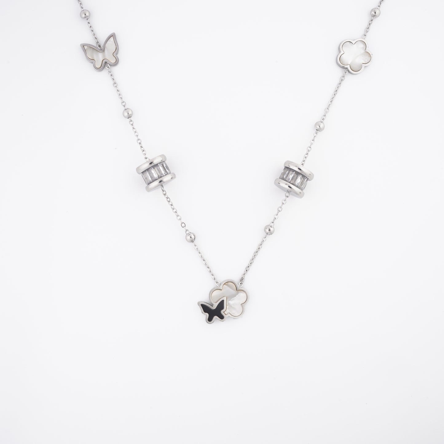 Butterfly and Floral Pendant Stainless Steel Necklace