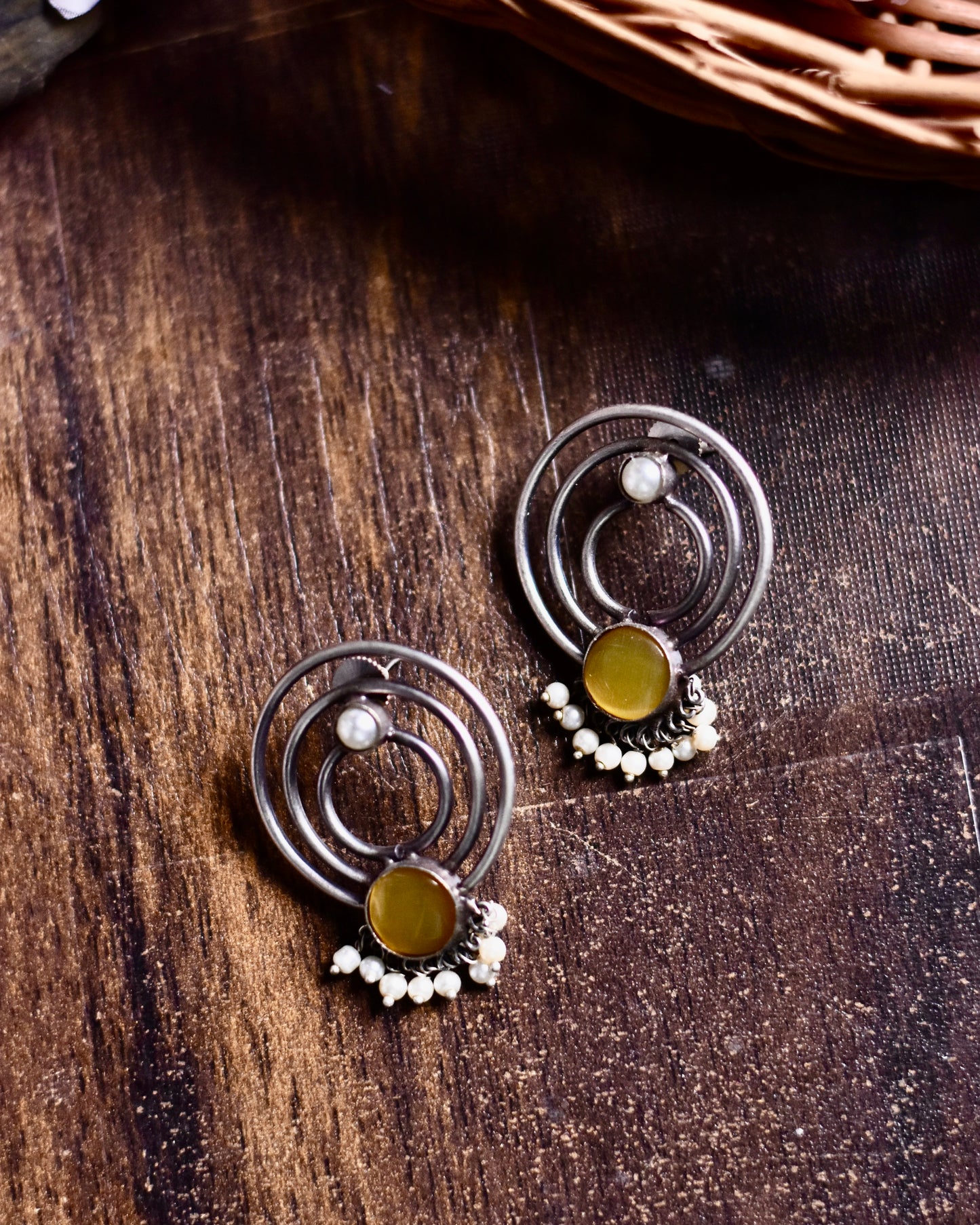 Circular Brass Earrings with Emerald and Pearl