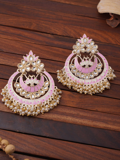 Traditional Kundan Chandbali Earrings with Beaded Fringe
