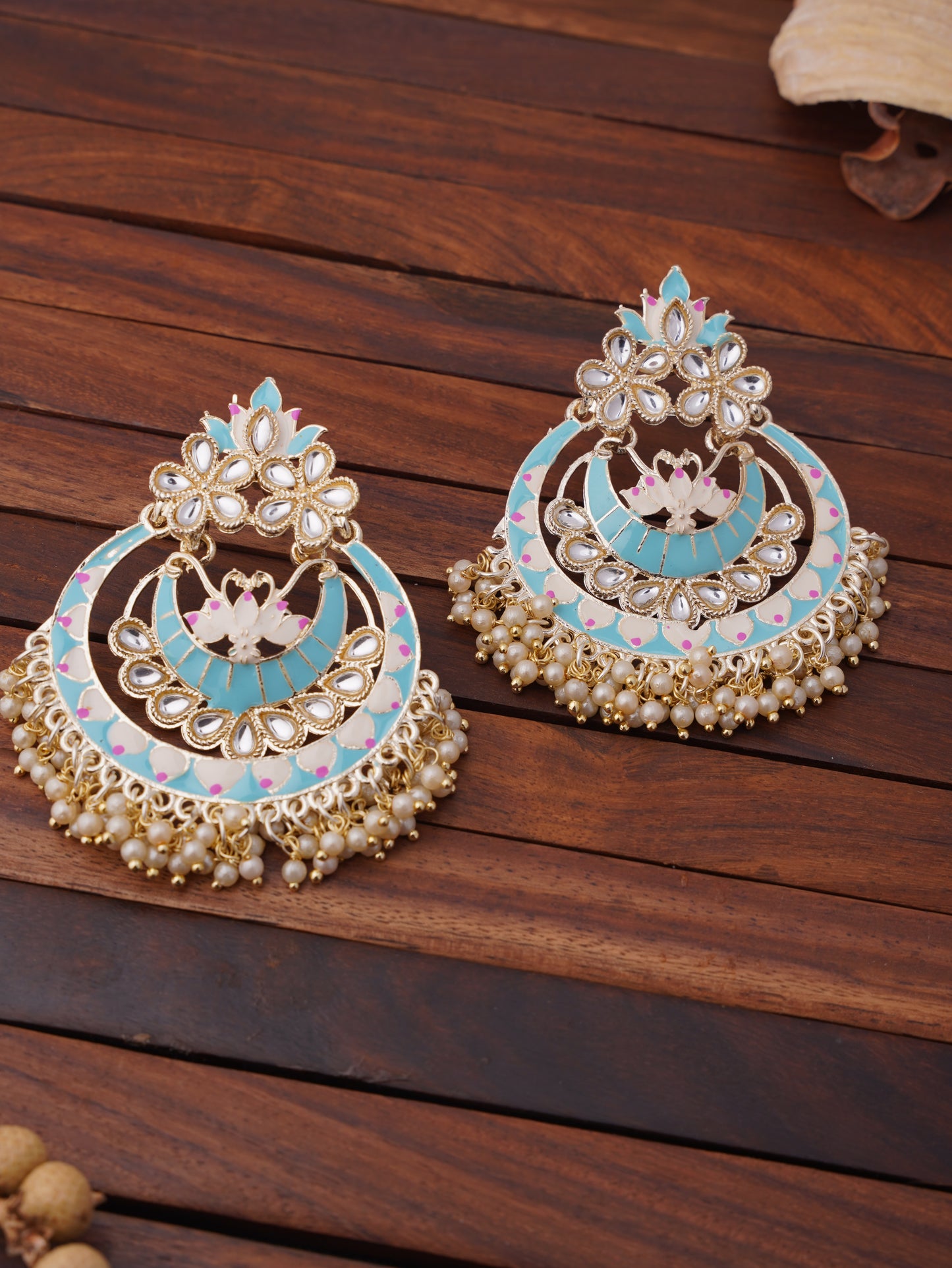 Traditional Kundan Chandbali Earrings with Beaded Fringe