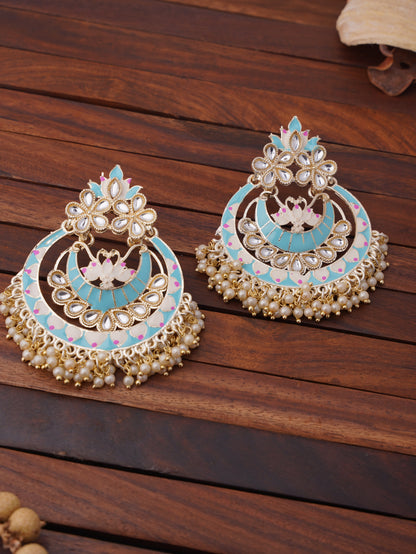 Traditional Kundan Chandbali Earrings with Beaded Fringe